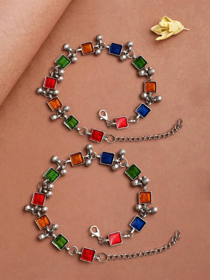 Oxidised Silver-Toned Multicolour Stone Beaded Anklet
