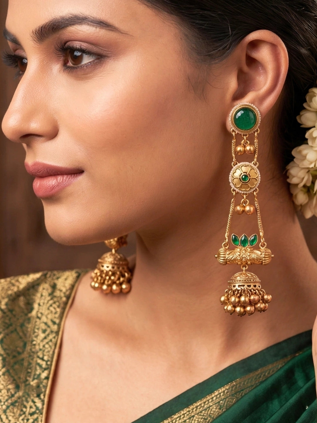 Gold-Plated Green Kundan Stone Studded Long Chain Kashmiri Jhumka Earrings