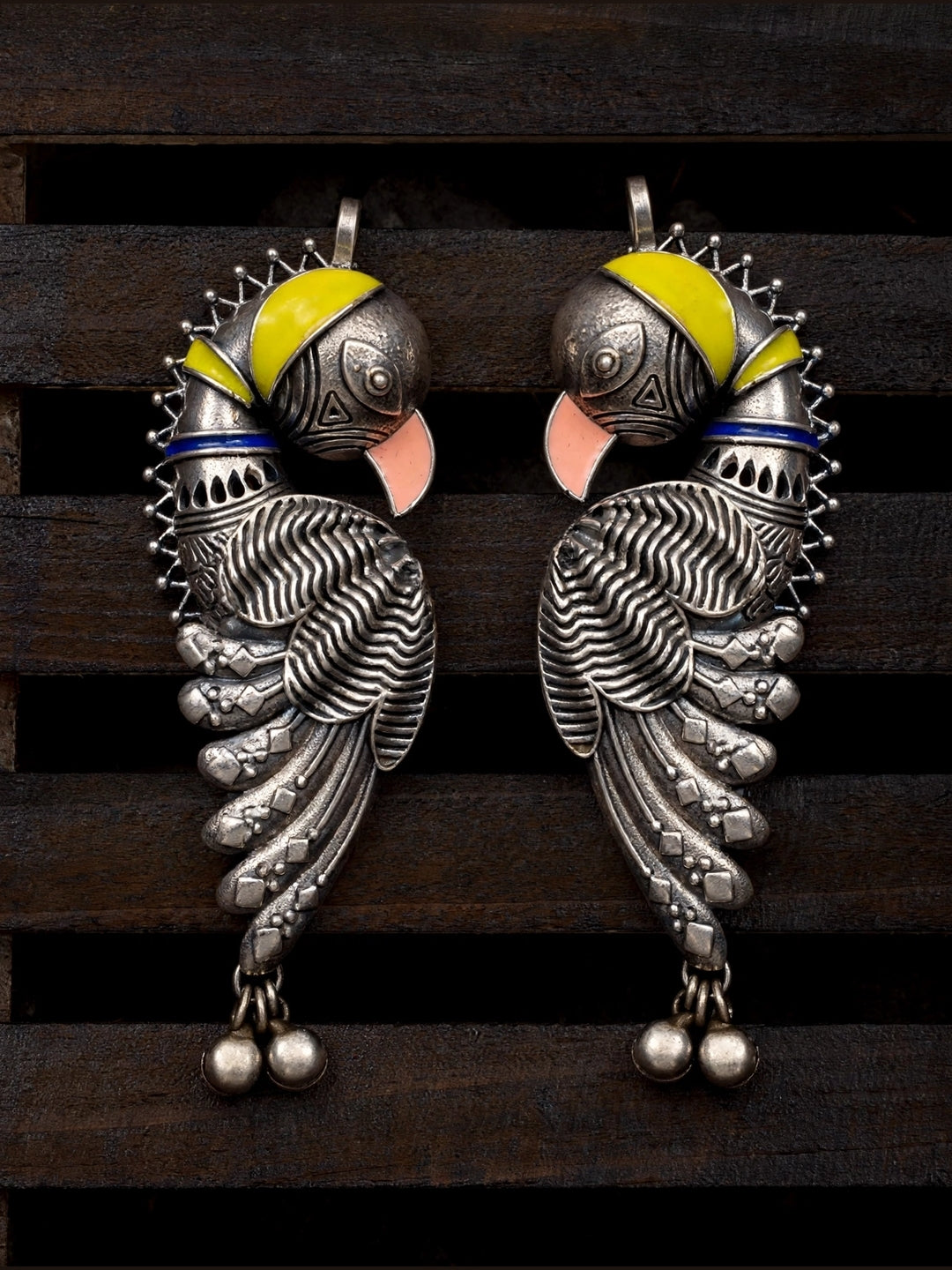 Oxidised Silver-Plated Multicolour Parrot Design Pearl Drop Statement Earcuff