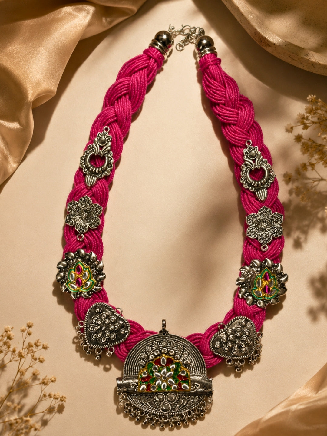 German Silver Magenta Braided Thread Oxidised Silver Statement Necklace