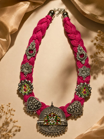 German Silver Magenta Braided Thread Oxidised Silver Statement Necklace