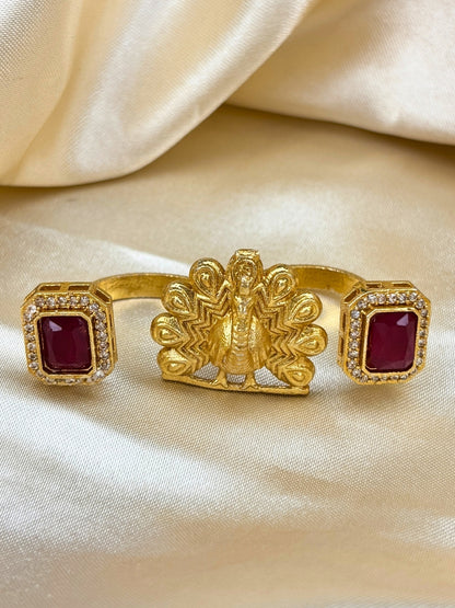 Gold-Plated Green AD stones Studded & Peacock shaped Adjustable Statement Finger Ring