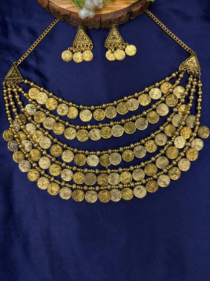 Gold-Plated Antique Coin Layered Statement Necklace Jewellery Set