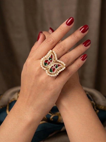Gold-Plated AD stones Studded & Butterfly shaped Adjustable Statement Finger Ring