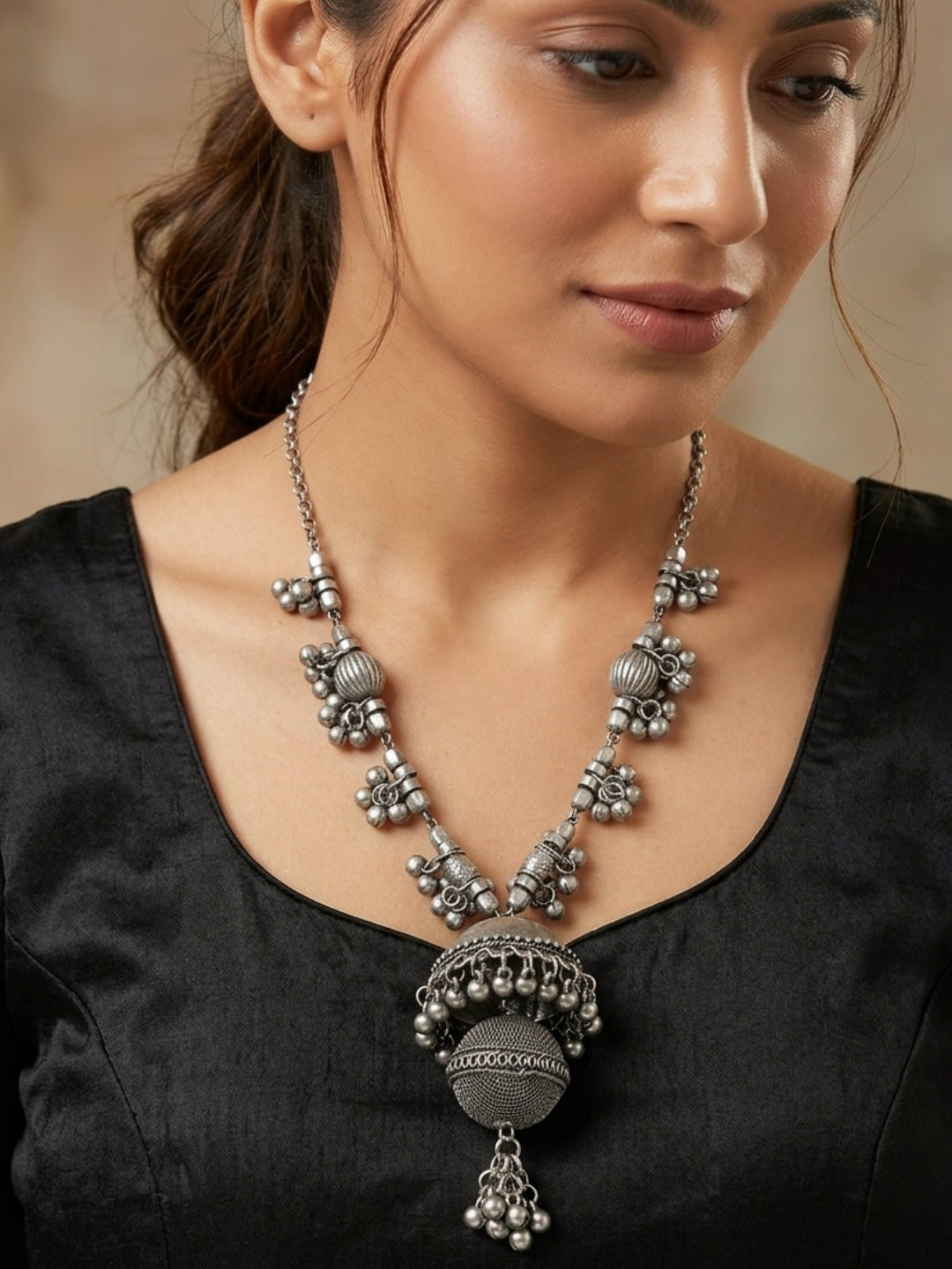 Oxidised Silver-Plated Tribal Statement Long Necklace