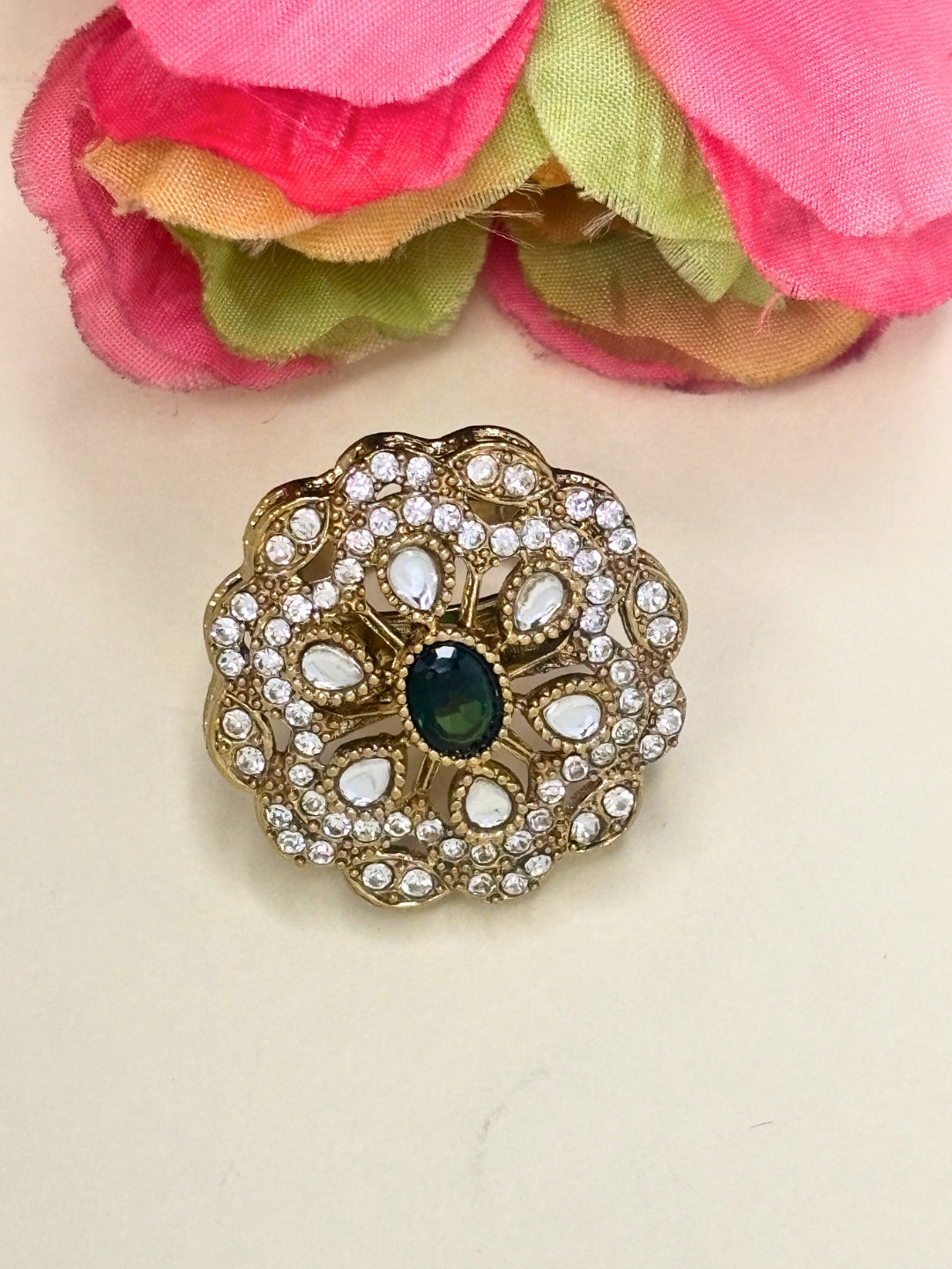 Gold-Plated Stone Kundan Floral Statement Ring