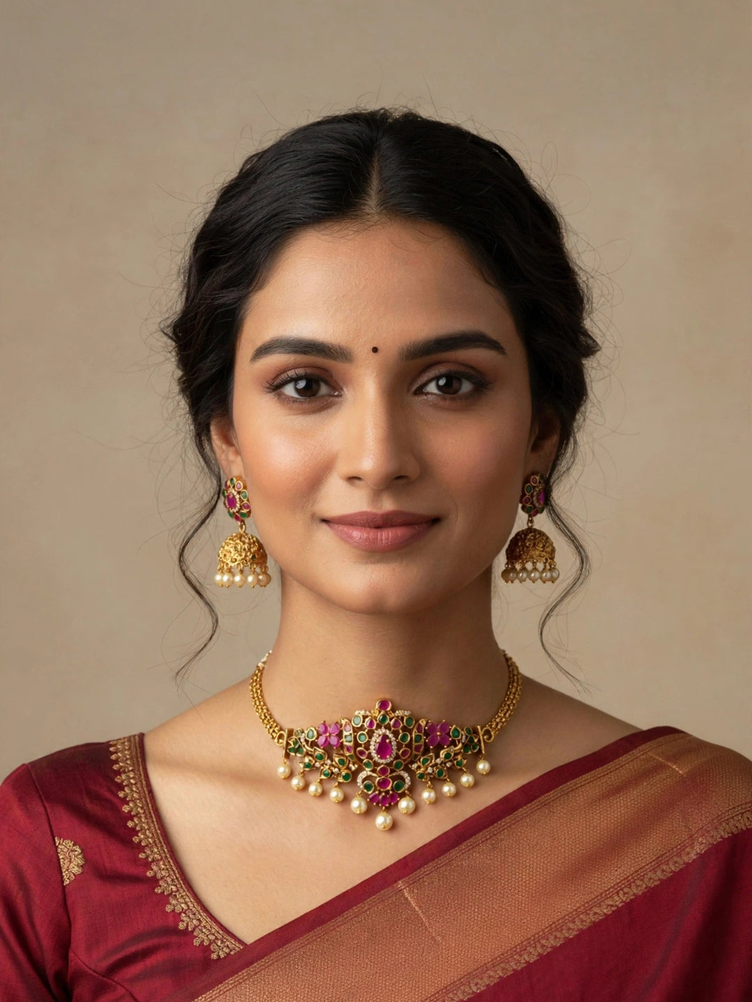 Gold-Plated Ruby & Emerald CZ Studded Temple Jewellery Set