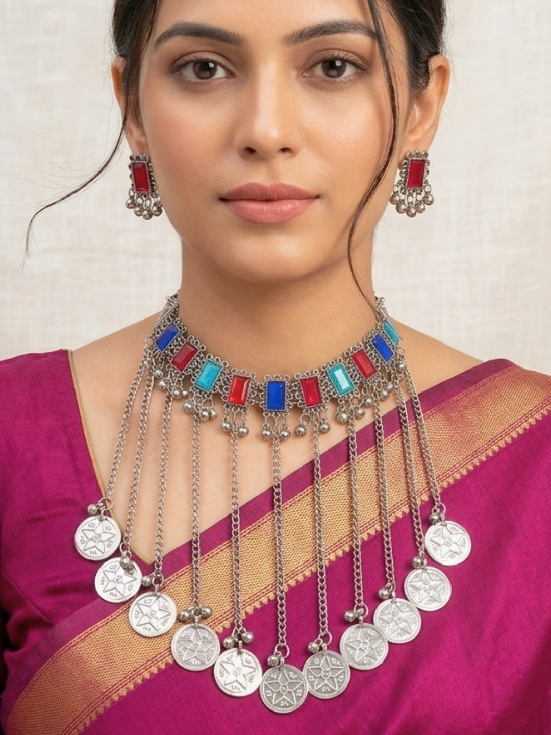 Oxidised Silver-Plated Multicolour Stone Embellished Statement Choker Necklace Jewellery Set (Copy)