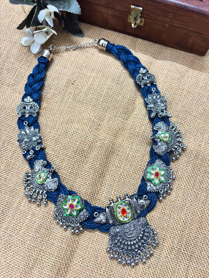 Oxidised Silver plated Floral & Peacock Charm Statement Bohemian Jute Necklace