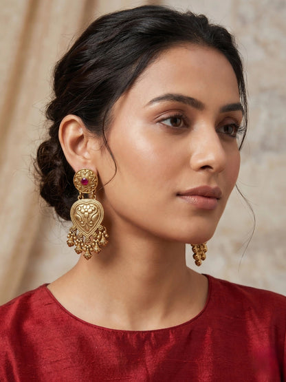Gold-Plated Red Kundan Stone Floral Drop Statement Earrings