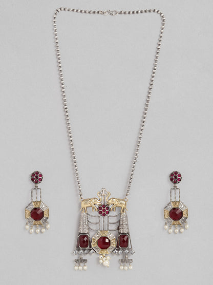 VIVAZS Dual Tone Red Ruby Studded Oxidised Necklace & Earrings Set