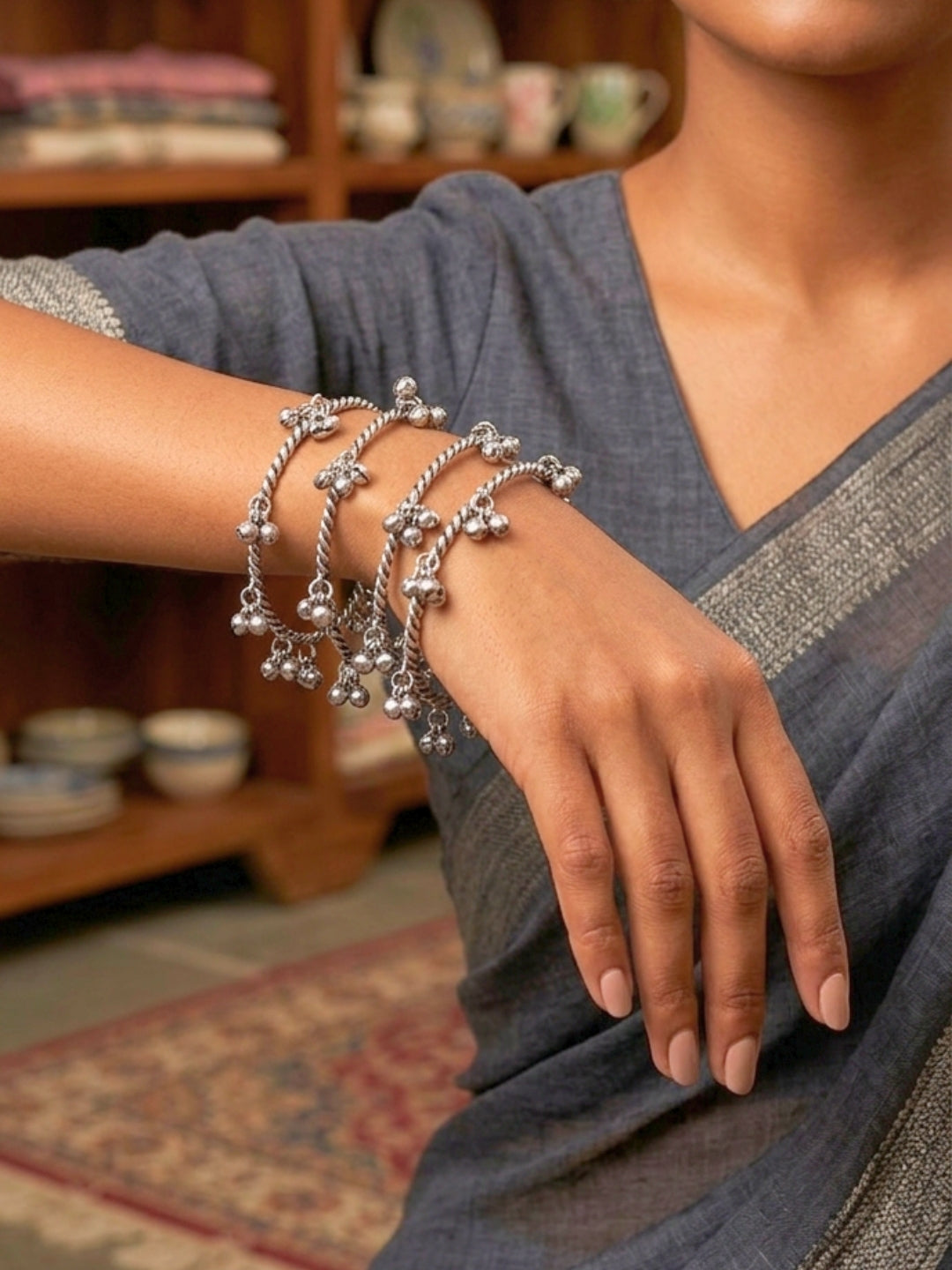 Oxidised Silver-Plated Kashmiri Ghungroo Bangle Set