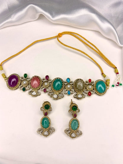 Gold-Plated Multicolour Stone Studded Traditional Choker Necklace Jewellery Set