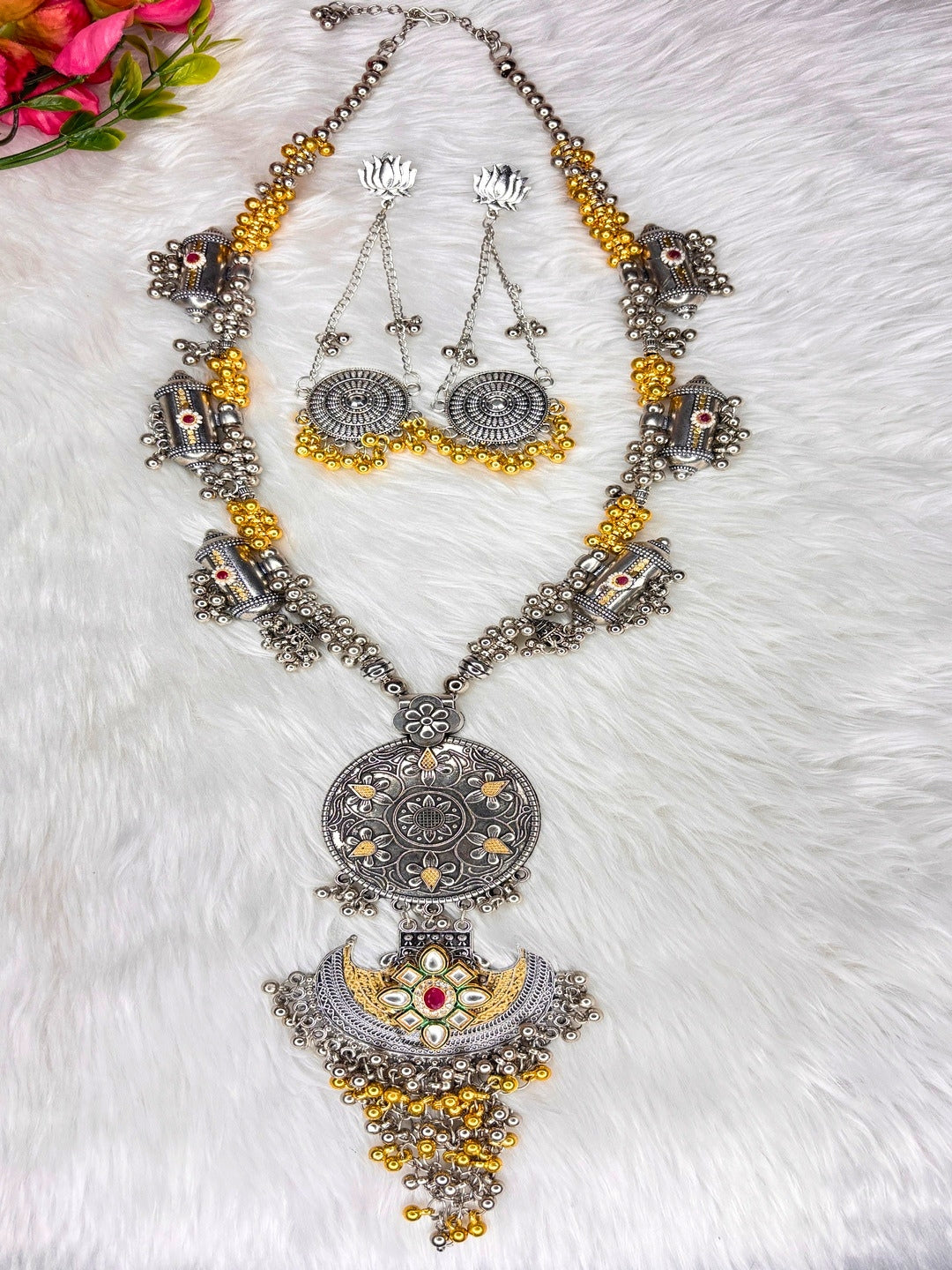 Dual-Tone Silver & Gold-Plated Oxidised Tribal Statement Necklace Set