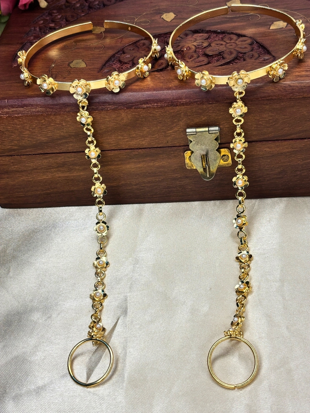 Gold-Plated Floral Pearl Adjustable Bracelet with Finger Ring Hand Harness Hathphool