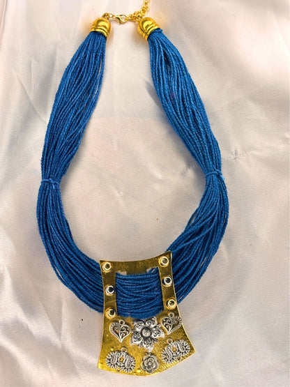 Gold-Plated Oxidised Statement Blue Thread Jute Necklace
