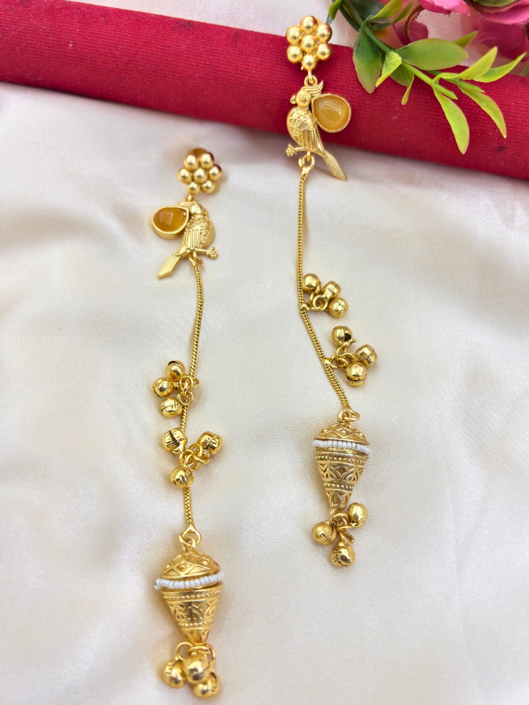 VIVAZS Gold Plated Kashmiri Long Drop Earrings (GREEN)