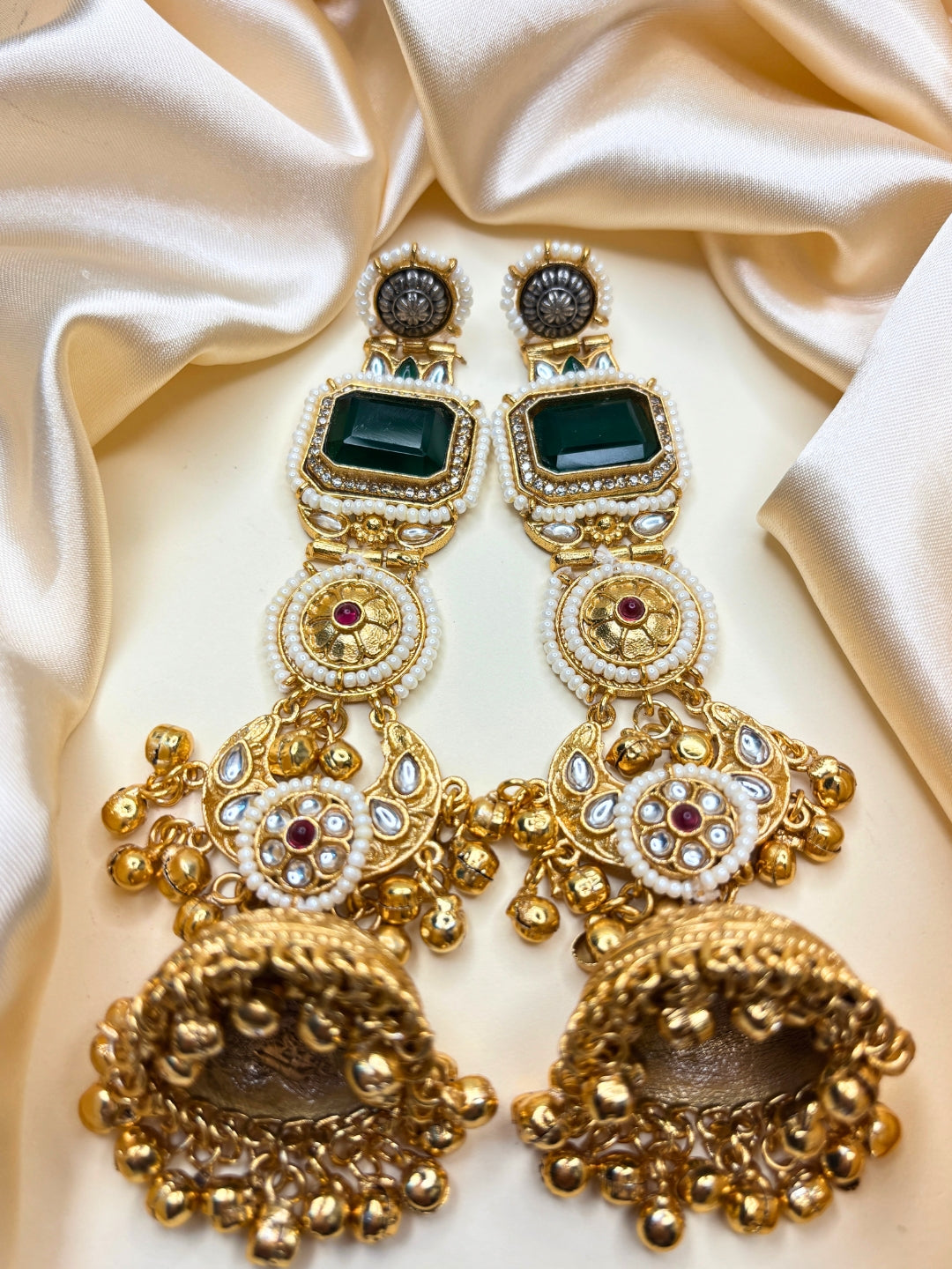 Gold-Toned Kundan & Pink Stone Embellished Pearl Jhumka Drop Earrings