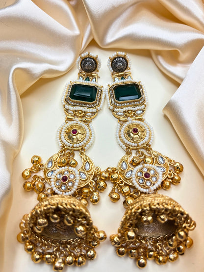 Gold-Toned Kundan & Pink Stone Embellished Pearl Jhumka Drop Earrings