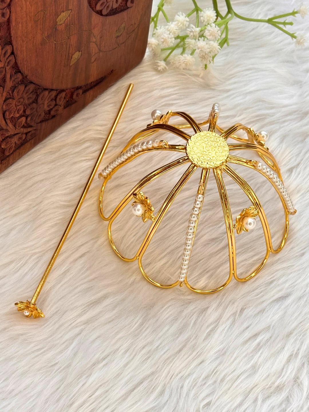 Gold-Plated Pearl Embellished Floral Hair Bun Accessory
