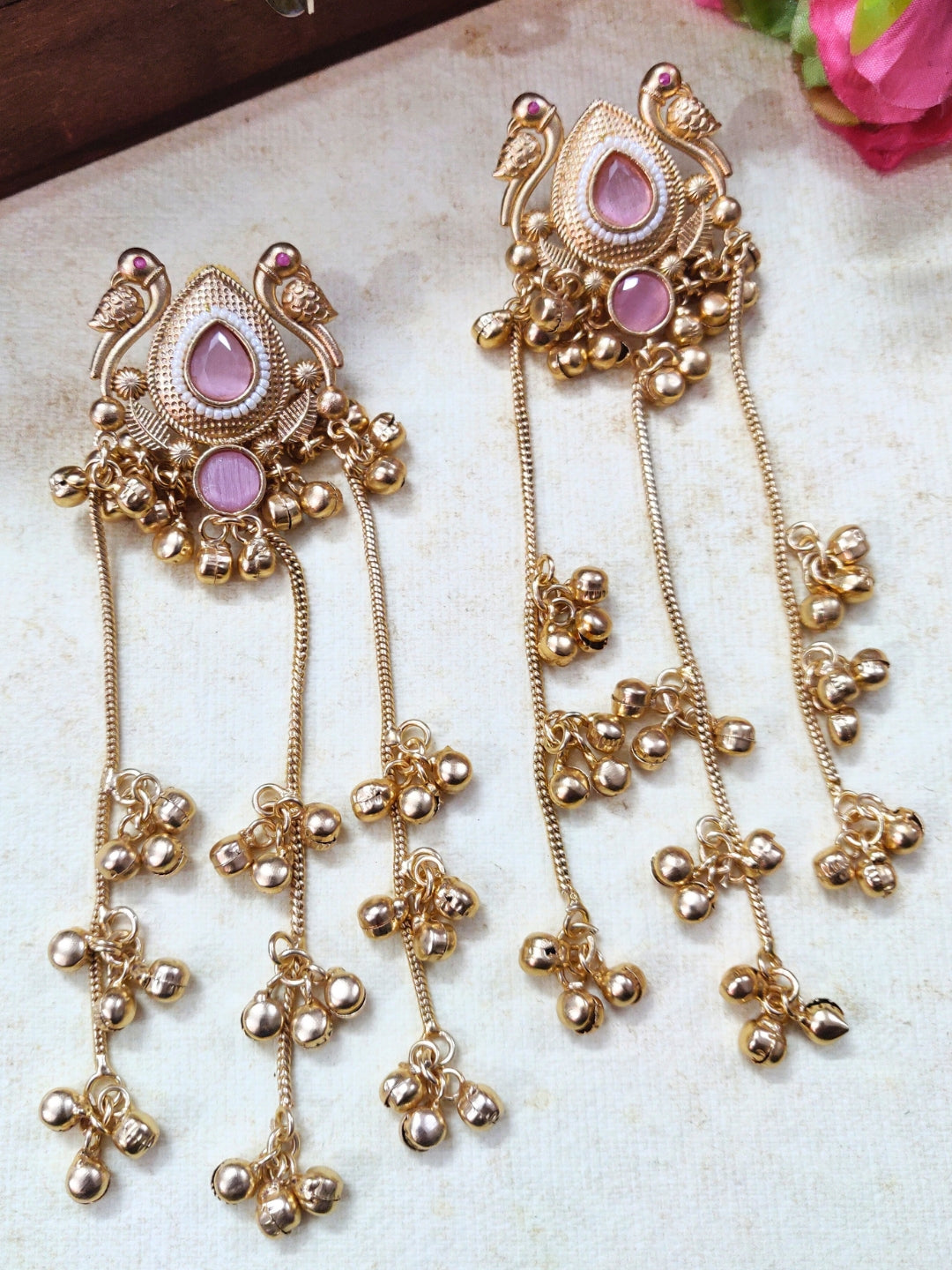 Gold-Plated Kundan & Ghungaroo Beaded Kashmiri Drop Earrings
