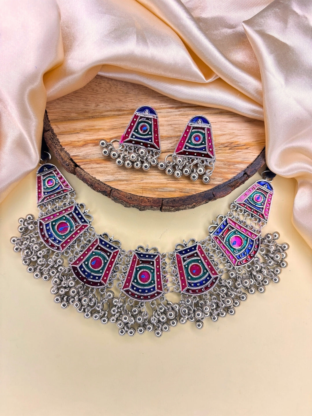 Oxidised Silver-Plated Multicolour Tribal Choker Jewellery Necklace Set