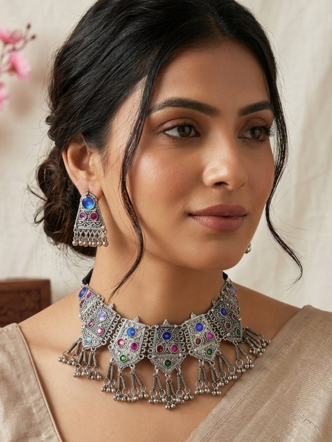 Oxidised Silver-Plated Multicolour Embellished Tribal Statement Choker Necklace Jewellery Set