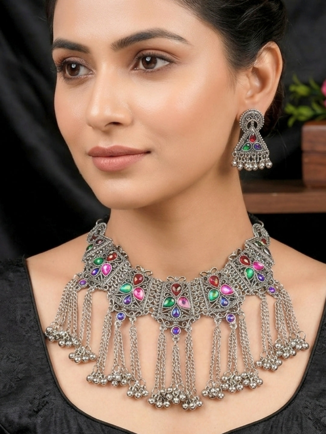 Oxidised Silver-Plated Multicolour Stone Embellished Tribal Statement Choker Necklace Jewellery Set