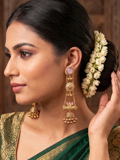 Gold-Plated Pink Kundan Stone Studded Long Chain Kashmiri Jhumka Earrings