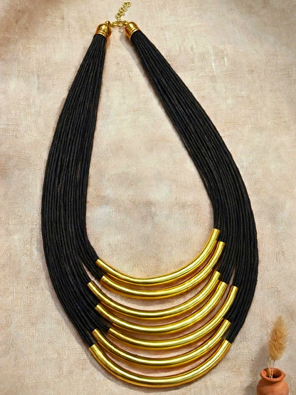 Gold-Plated Oxidised Statement Black Thread Layered Jute Necklace