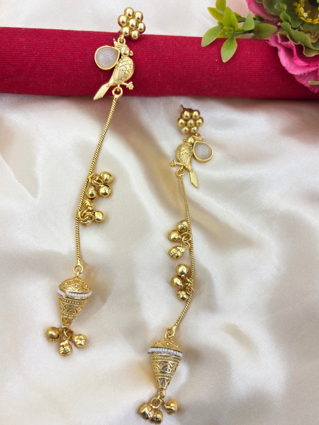 VIVAZS Gold Plated Kashmiri Long Drop Earrings (GREEN)