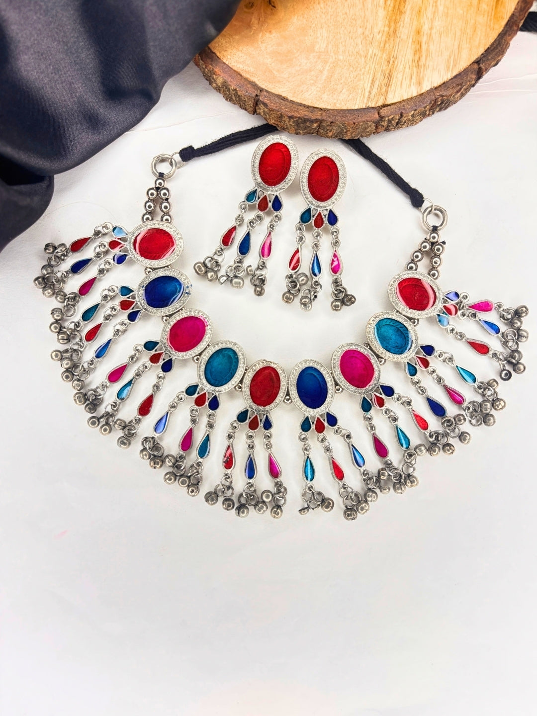 Silver-Plated Oxidised Meenakari Statement Necklace Set