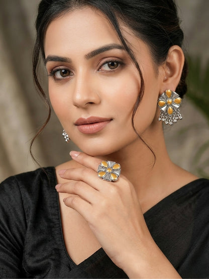 Women Oxidised Silver-Plated Mustard Yellow Floral Earrings & Statement Ring Set