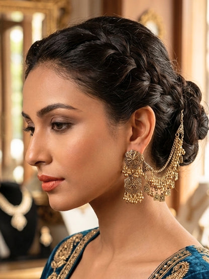 VIVAZS Oxidised Floral Shaped kaanChain Earrings