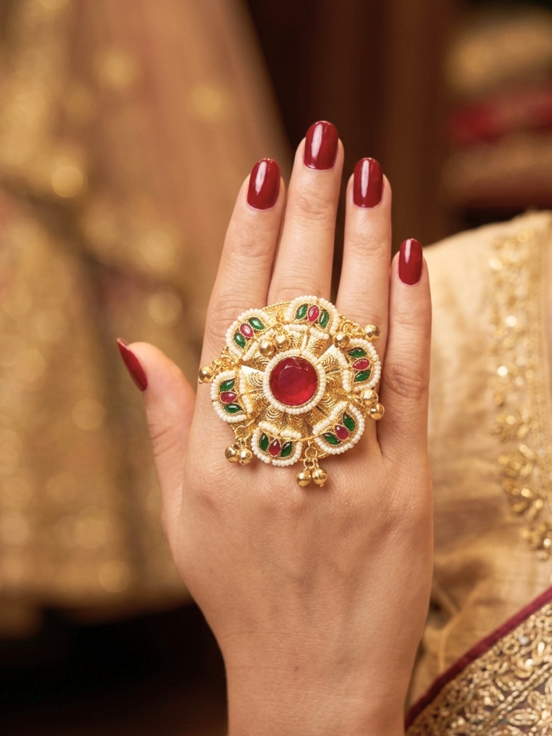 Gold-Plated Red Stone Kundan Floral Statement Ring