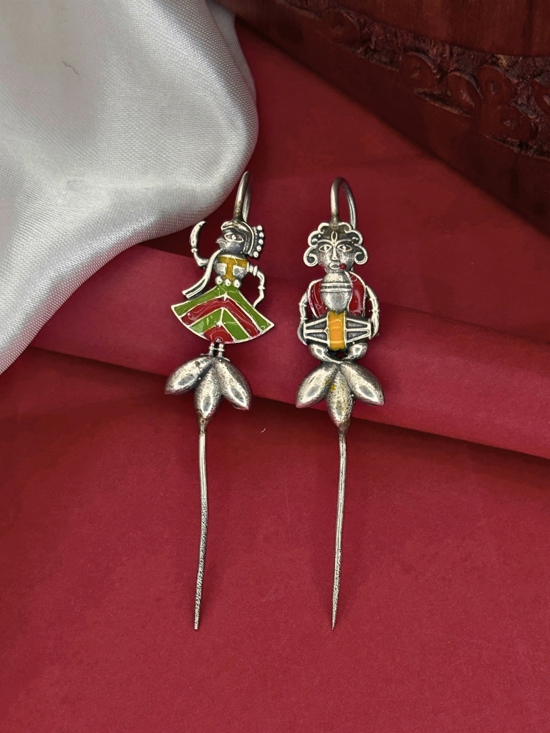 Oxidised Silver-Plated Mismatch Folk Art Drop Earcuff Earrings