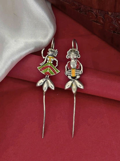 Oxidised Silver-Plated Mismatch Folk Art Drop Earcuff Earrings