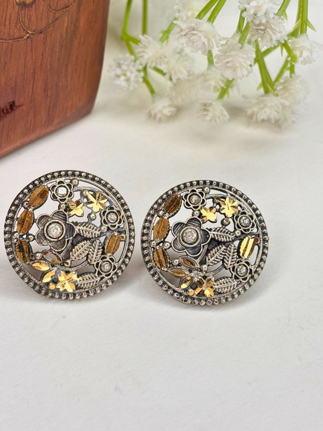 Oxidised Silver-Plated Floral Leaf & Stone Embellished Round Stud Earrings