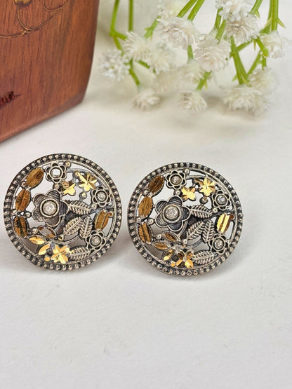 Oxidised Silver-Plated Floral Leaf & Stone Embellished Round Stud Earrings