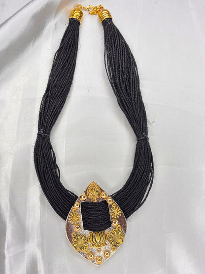 Gold-Plated Oxidised Statement Black Thread Jute Necklace