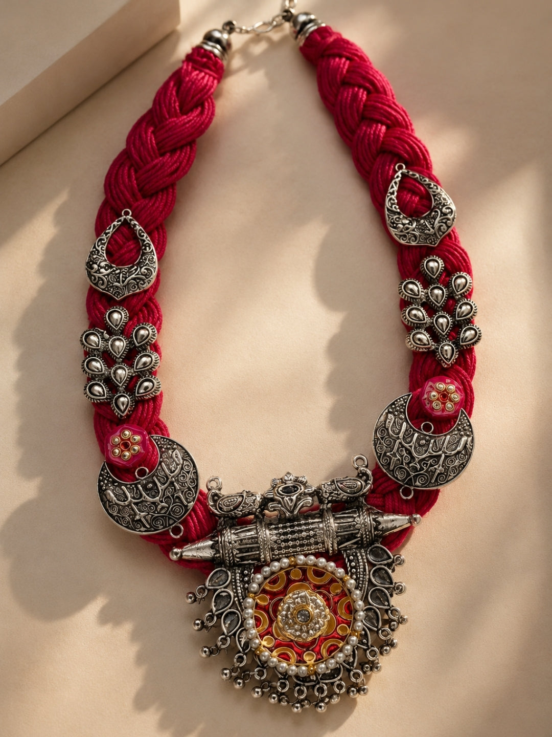 German Silver Floral & Peacock Charm Statement Bohemian Meenakari Magenta Jute Necklace
