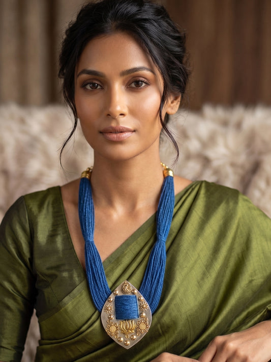Gold-Plated Oxidised Statement Blue Thread Jute Necklace