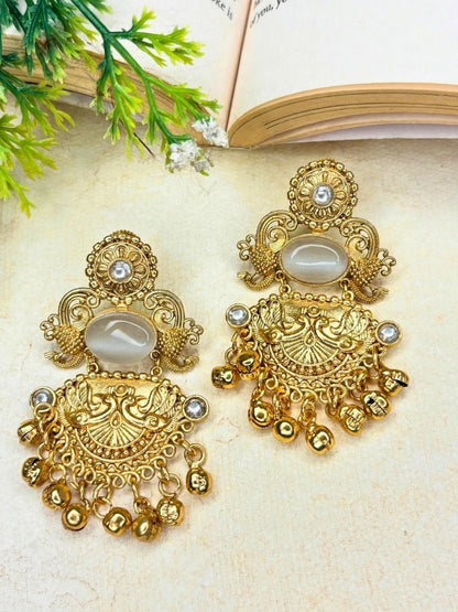 Gold-Plated Stone-Studded Peacock Motif Dangler Earrings