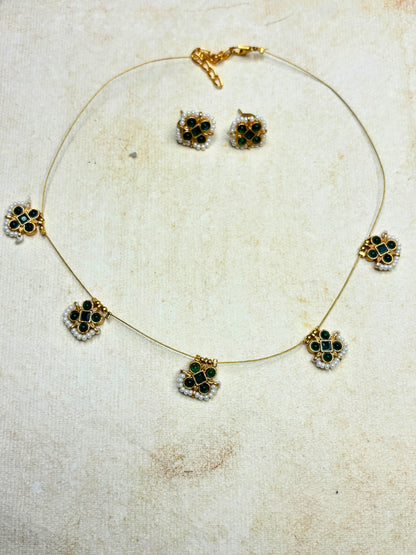 Gold-Plated Pink Stone & Pearl Embellished Minimal Choker Necklace Jewellery Set