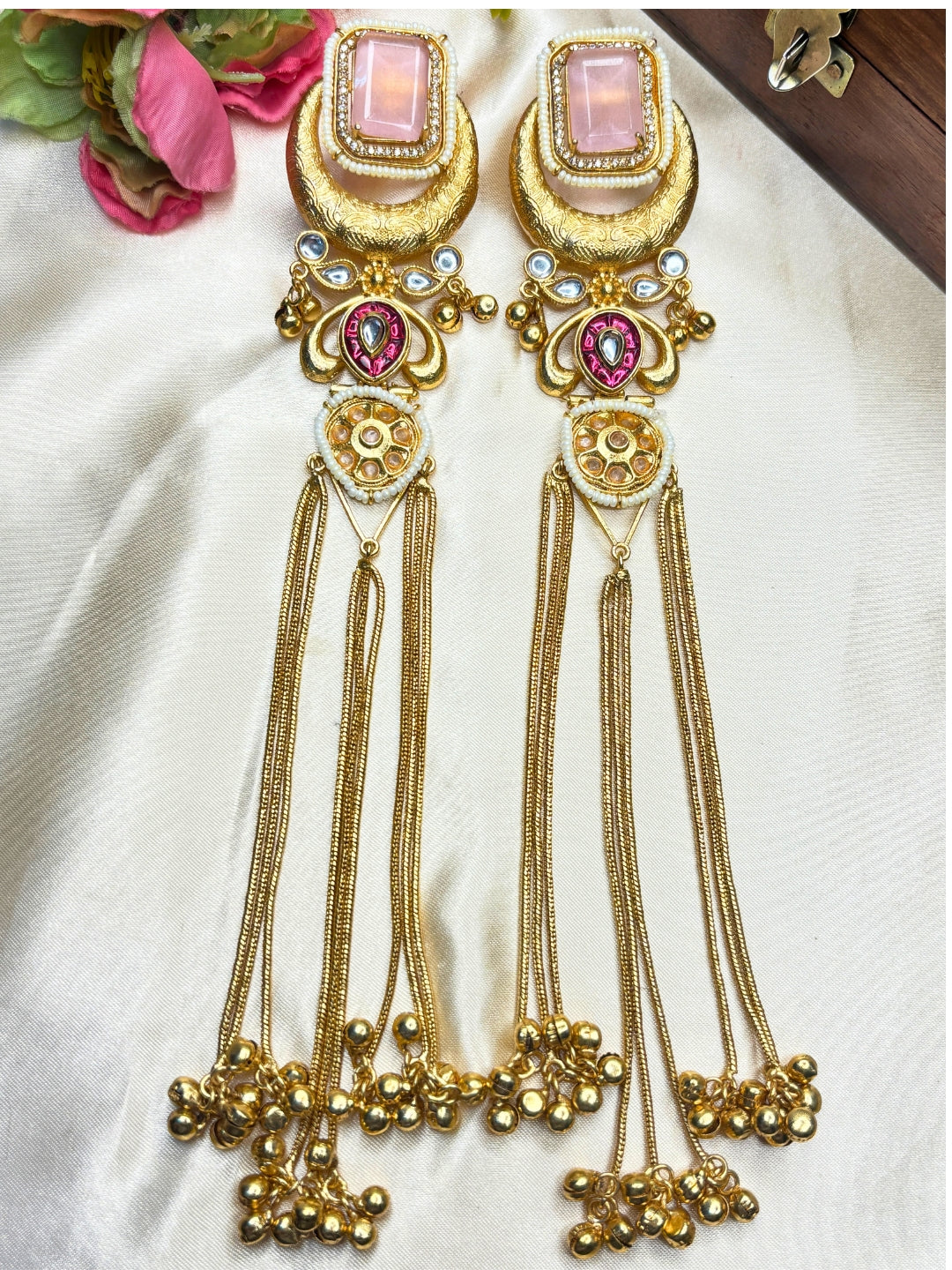Gold-Toned Green Stone Embellished Kundan Tassel Drop Earrings