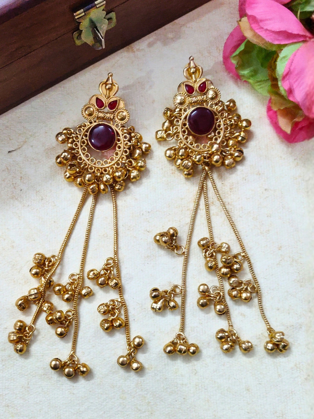 Gold-Plated Kundan & Ghungaroo Beaded Kashmiri Drop Earrings