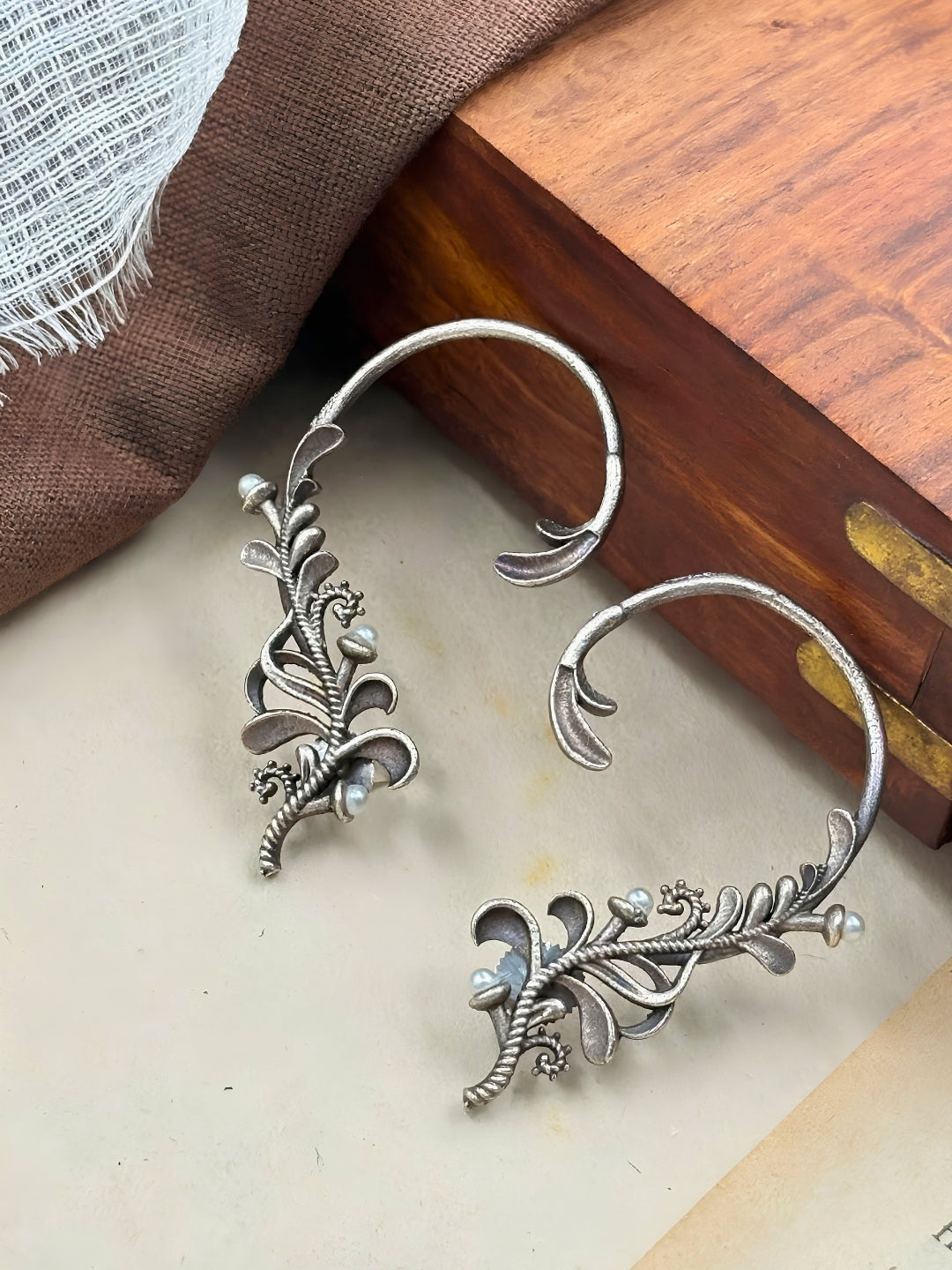 Oxidised Silver-Plated Leaf Design Ear Cuff Earrings