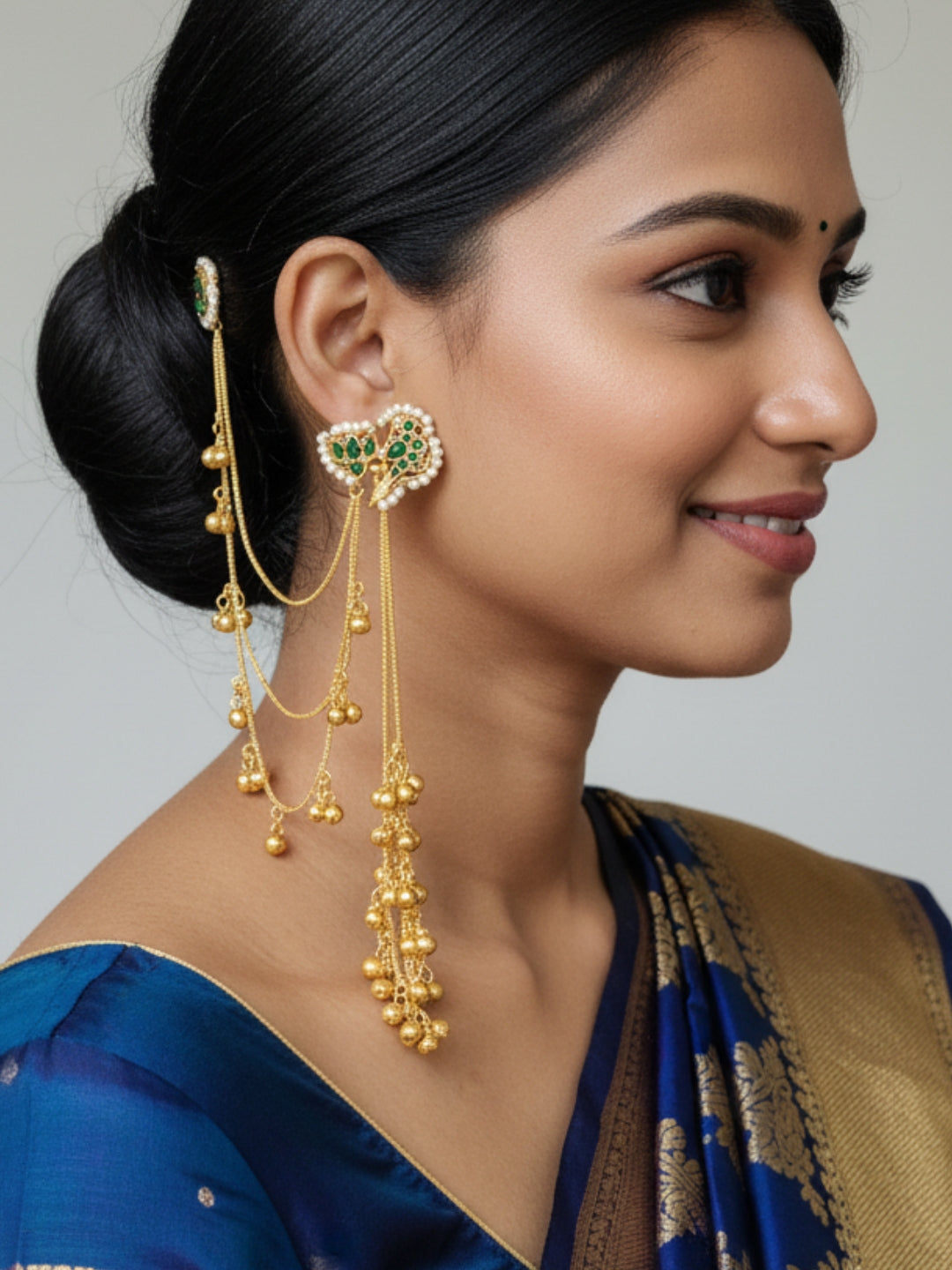 VIVAZS Kundan Crystal Statement Kan Chain Earrings (Green)