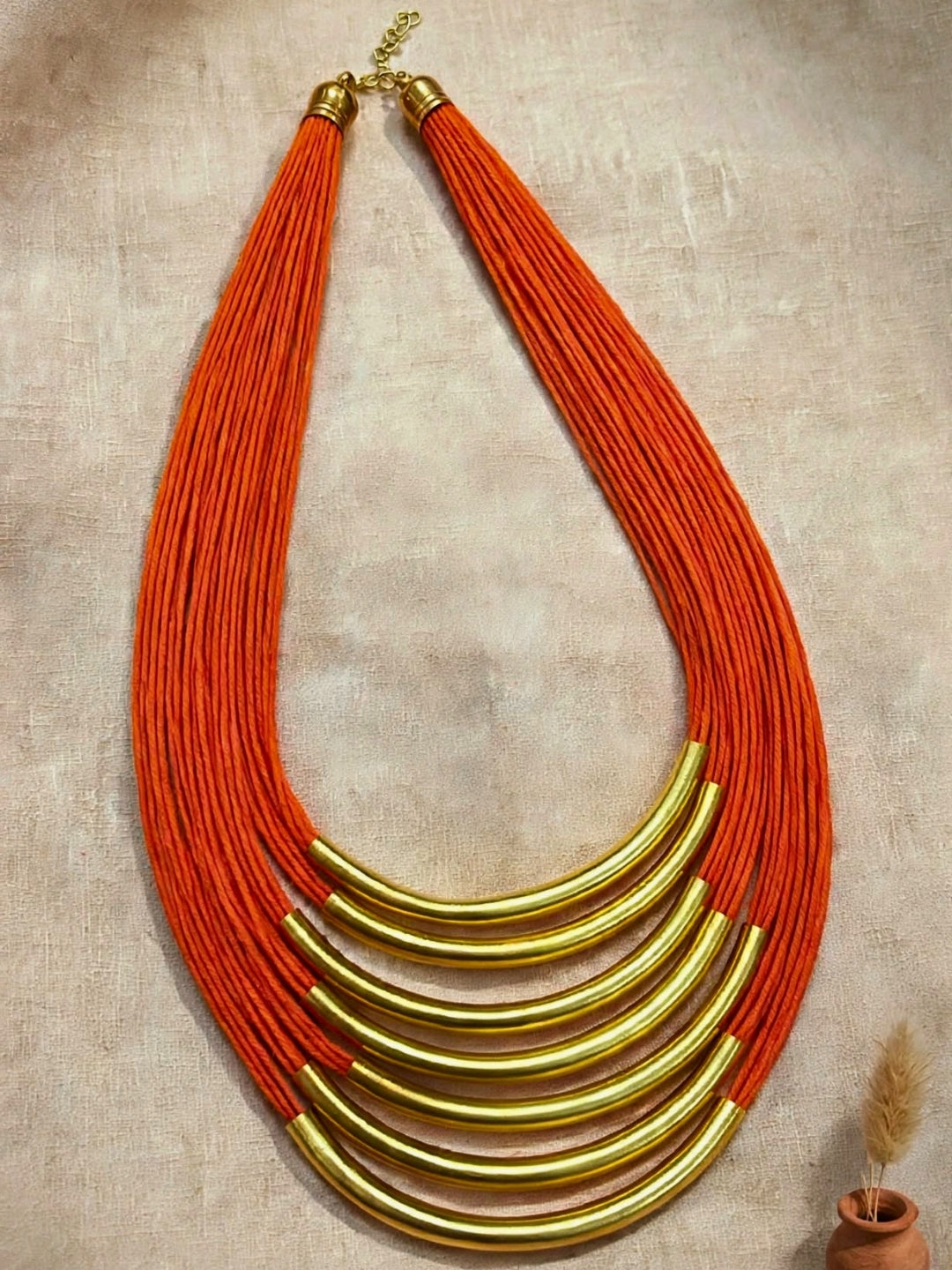 Gold-Plated Oxidised Statement Orange Thread Layered Jute Necklace