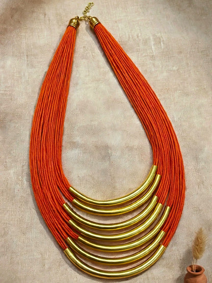 Gold-Plated Oxidised Statement Orange Thread Layered Jute Necklace